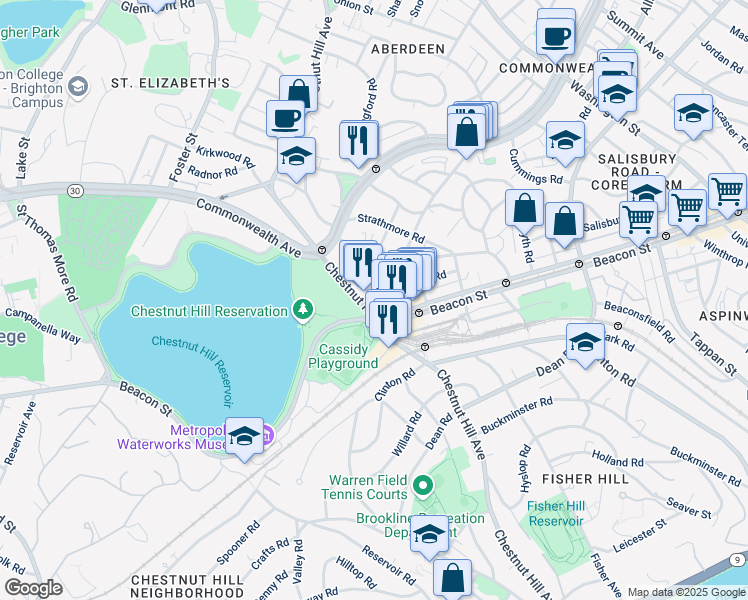 map of restaurants, bars, coffee shops, grocery stores, and more near 358 Chestnut Hill Avenue in Boston