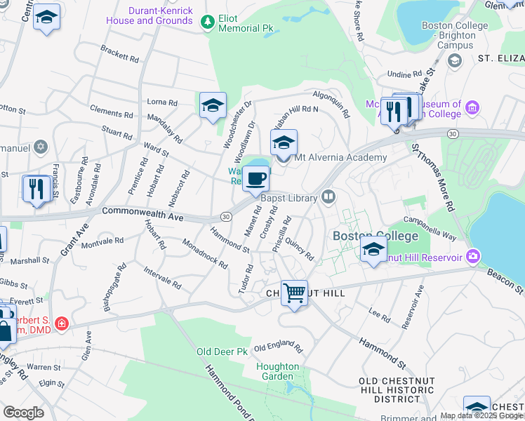 map of restaurants, bars, coffee shops, grocery stores, and more near 36 Crosby Road in Newton