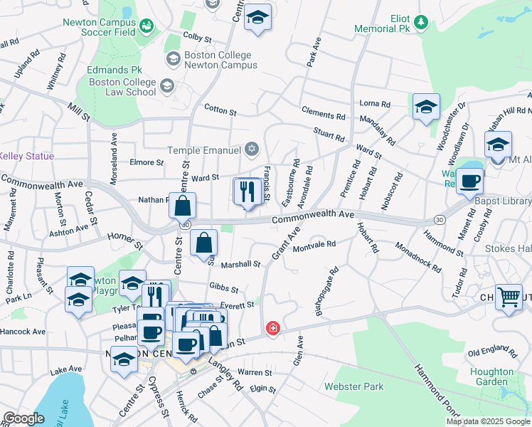 map of restaurants, bars, coffee shops, grocery stores, and more near 538 Commonwealth Avenue in Newton