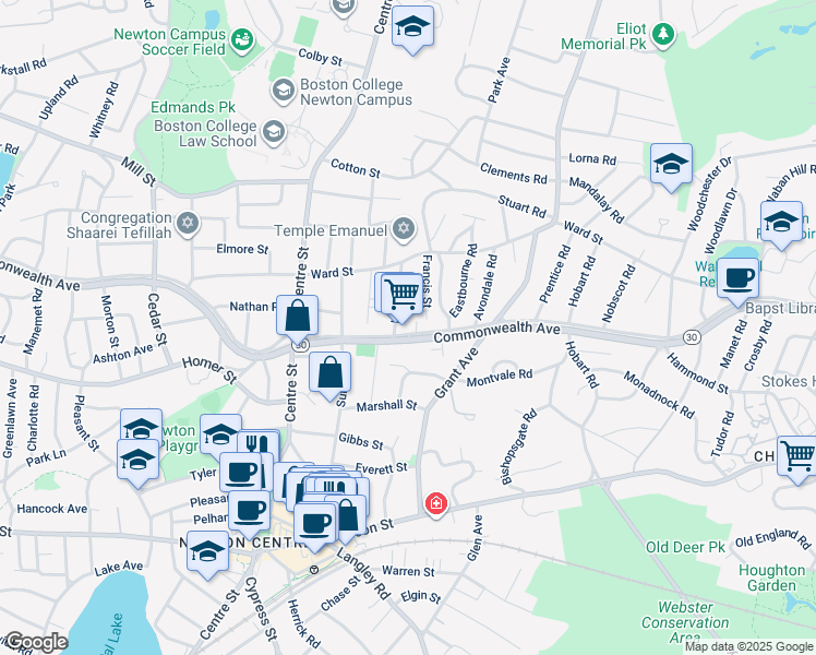 map of restaurants, bars, coffee shops, grocery stores, and more near 538 Commonwealth Avenue in Newton
