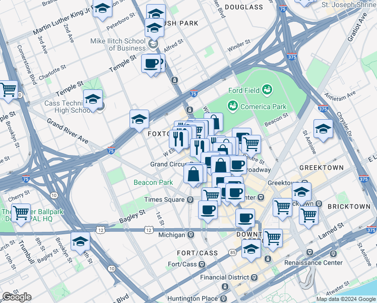 map of restaurants, bars, coffee shops, grocery stores, and more near 48 West Adams Avenue in Detroit