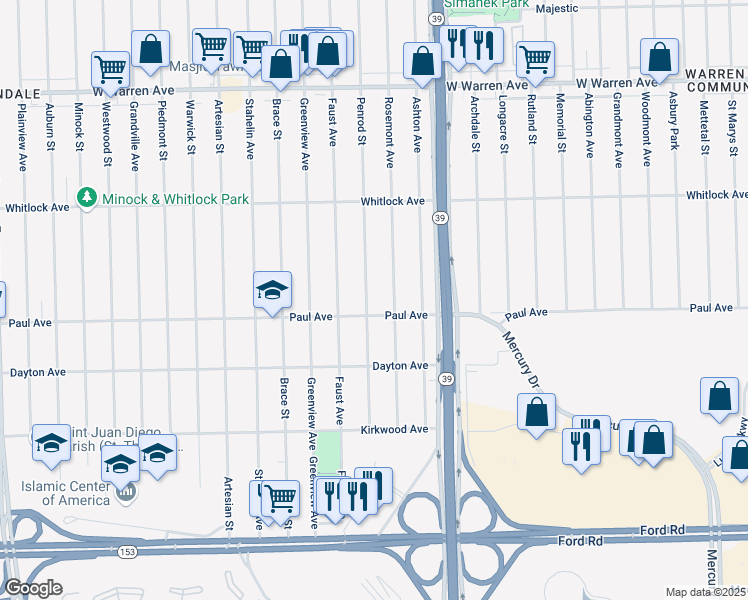map of restaurants, bars, coffee shops, grocery stores, and more near 6267 Rosemont Avenue in Detroit