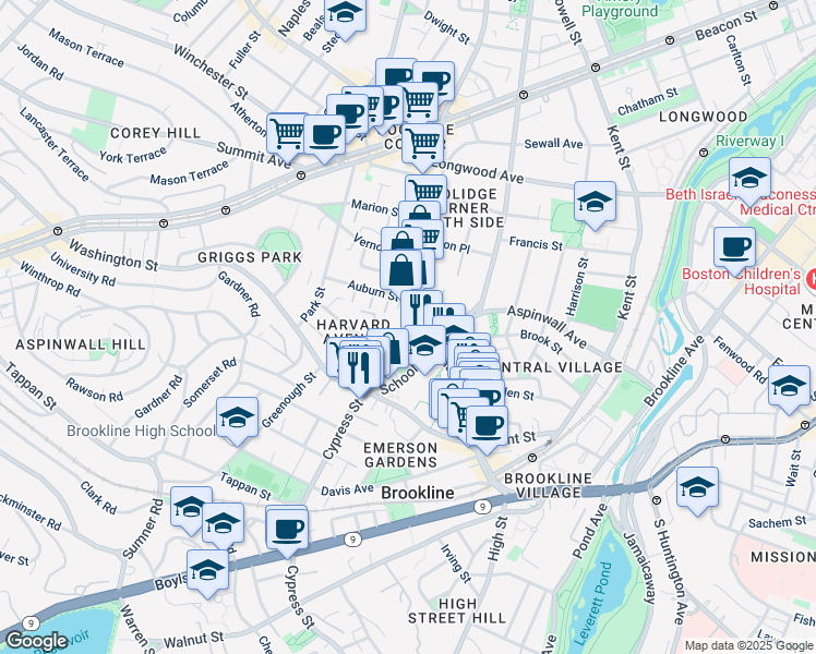 map of restaurants, bars, coffee shops, grocery stores, and more near 4 Harvard Place in Brookline