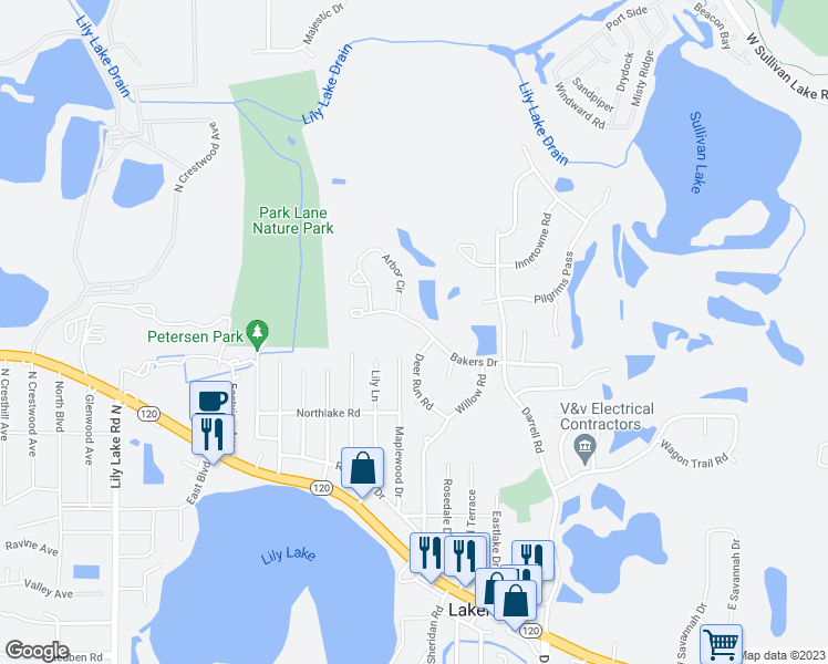 map of restaurants, bars, coffee shops, grocery stores, and more near 203 Bakers Drive in Lakemoor