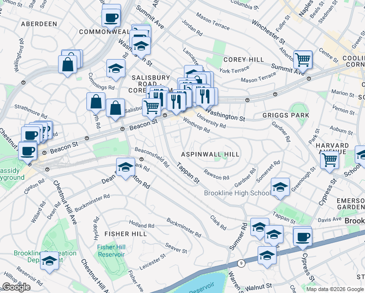 map of restaurants, bars, coffee shops, grocery stores, and more near 226 Rawson Road in Brookline