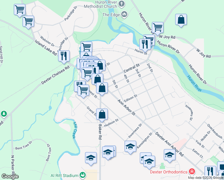 map of restaurants, bars, coffee shops, grocery stores, and more near 7901 Ann Arbor Street in Dexter