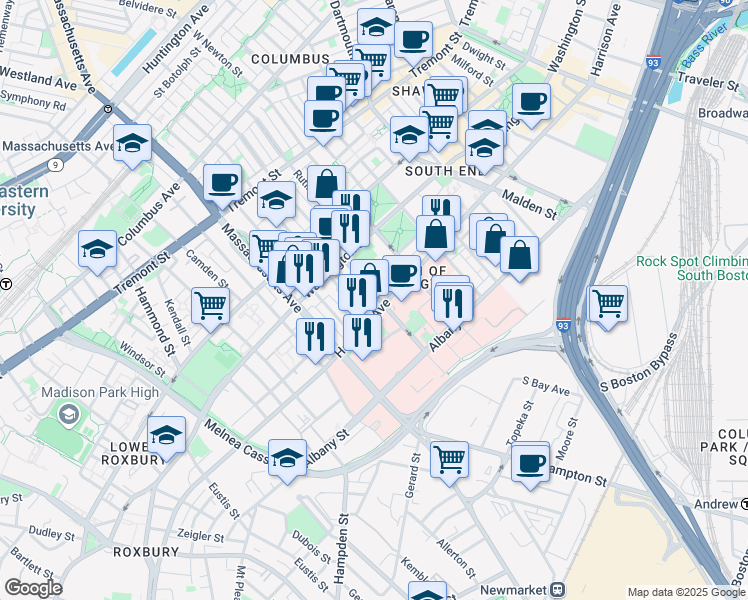 map of restaurants, bars, coffee shops, grocery stores, and more near 91 East Concord Street in Boston