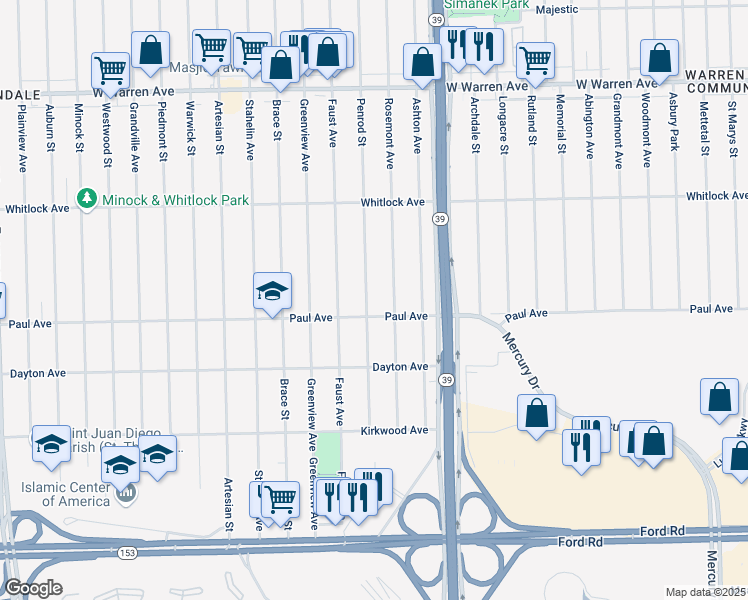 map of restaurants, bars, coffee shops, grocery stores, and more near 6267 Rosemont Avenue in Detroit