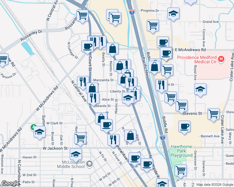 map of restaurants, bars, coffee shops, grocery stores, and more near 1001 Niantic Street in Medford