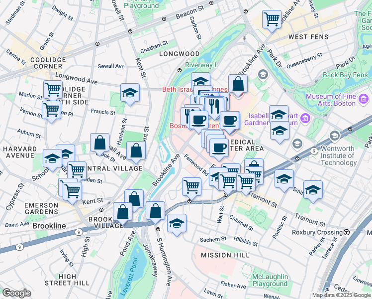map of restaurants, bars, coffee shops, grocery stores, and more near 500 Brookline Avenue in Boston