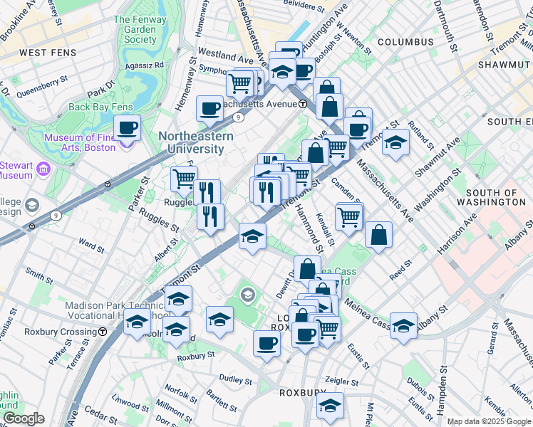 map of restaurants, bars, coffee shops, grocery stores, and more near 1030-1070 Tremont Street in Boston