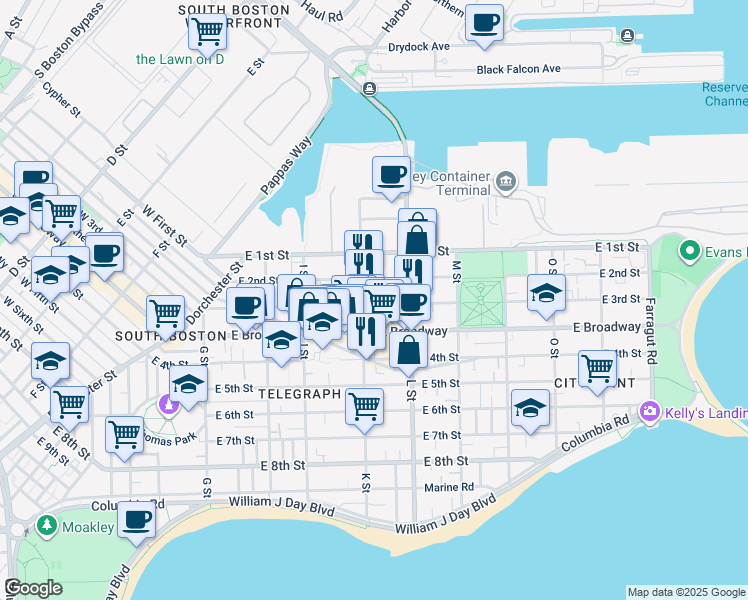 map of restaurants, bars, coffee shops, grocery stores, and more near 3 K Street Place in Boston