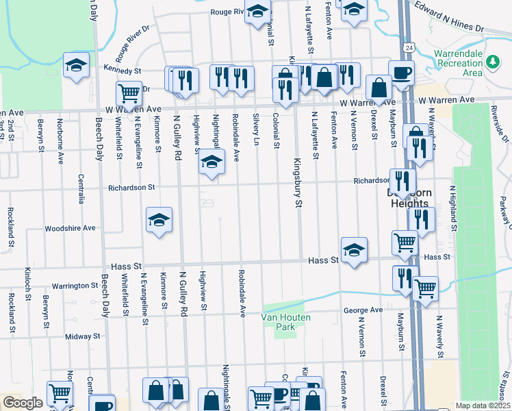 map of restaurants, bars, coffee shops, grocery stores, and more near 6533 Silvery Lane in Dearborn Heights