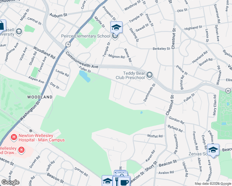 map of restaurants, bars, coffee shops, grocery stores, and more near 32 Pickwick Road in Newton