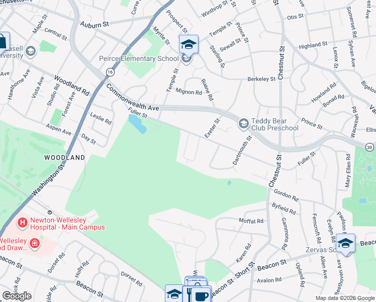 map of restaurants, bars, coffee shops, grocery stores, and more near 51 Pickwick Road in Newton