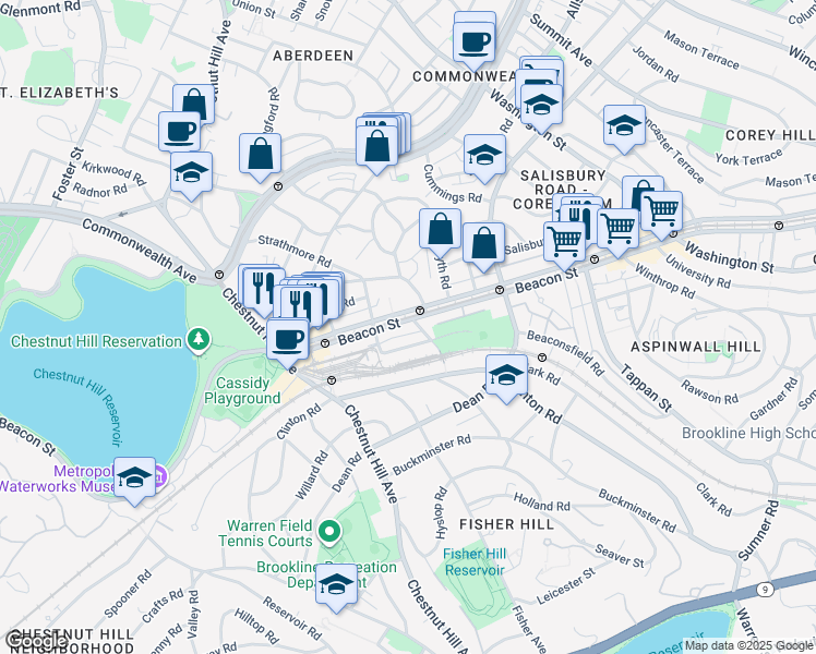 map of restaurants, bars, coffee shops, grocery stores, and more near 19 Strathmore Road in Brookline