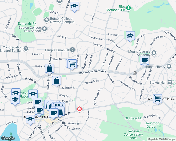 map of restaurants, bars, coffee shops, grocery stores, and more near 491 Commonwealth Avenue in Newton