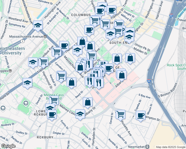 map of restaurants, bars, coffee shops, grocery stores, and more near 33 Worcester Square in Boston