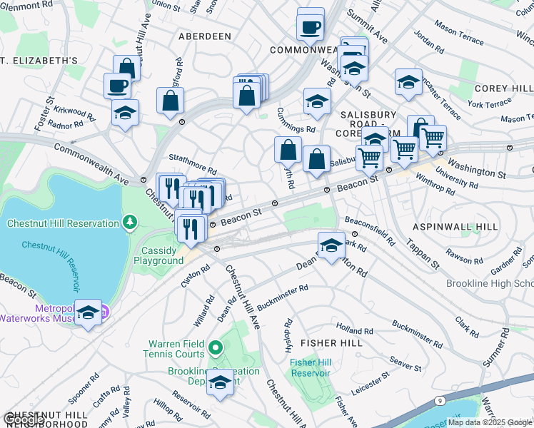 map of restaurants, bars, coffee shops, grocery stores, and more near 1855 Beacon Street in Brookline