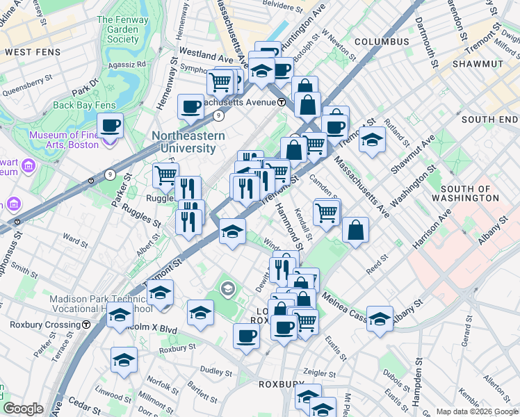 map of restaurants, bars, coffee shops, grocery stores, and more near 1030-1070 Tremont Street in Boston