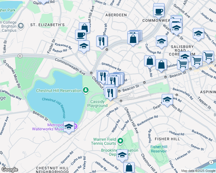 map of restaurants, bars, coffee shops, grocery stores, and more near 358 Chestnut Hill Avenue in Boston