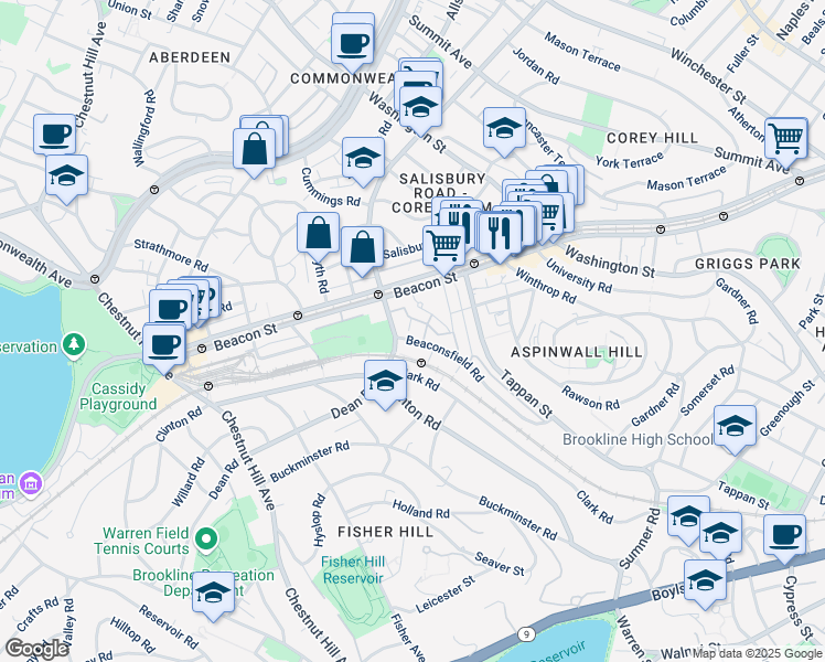 map of restaurants, bars, coffee shops, grocery stores, and more near 139 Beaconsfield Road in Brookline