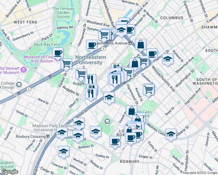 map of restaurants, bars, coffee shops, grocery stores, and more near 42 Cunard Street in Boston