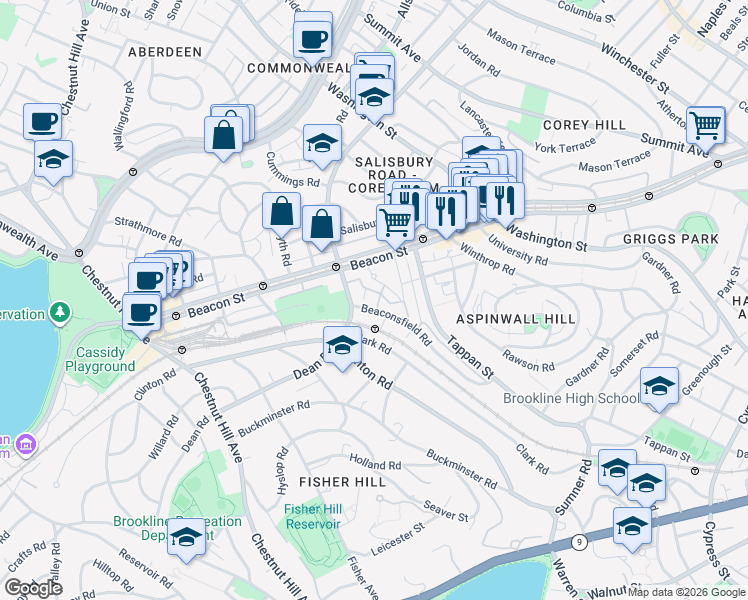 map of restaurants, bars, coffee shops, grocery stores, and more near 139 Beaconsfield Road in Brookline