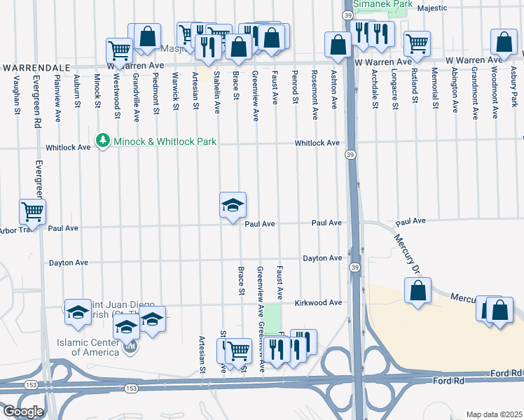 map of restaurants, bars, coffee shops, grocery stores, and more near 6340 Greenview Road in Detroit