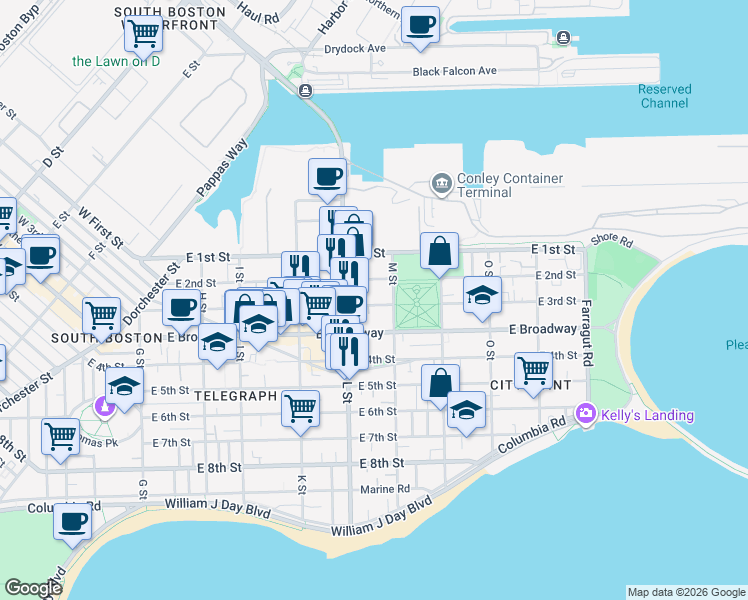map of restaurants, bars, coffee shops, grocery stores, and more near 784 East Broadway in Boston