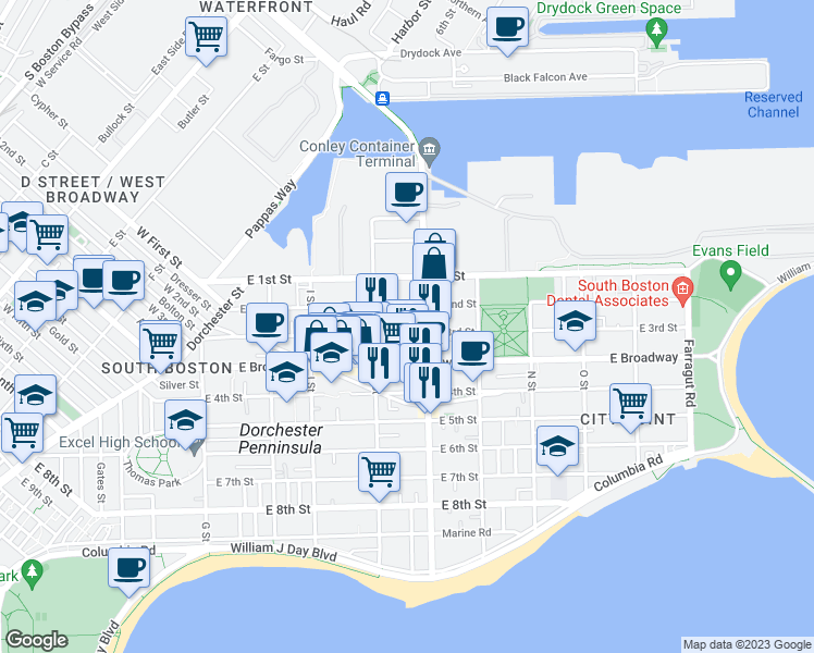 map of restaurants, bars, coffee shops, grocery stores, and more near in Boston