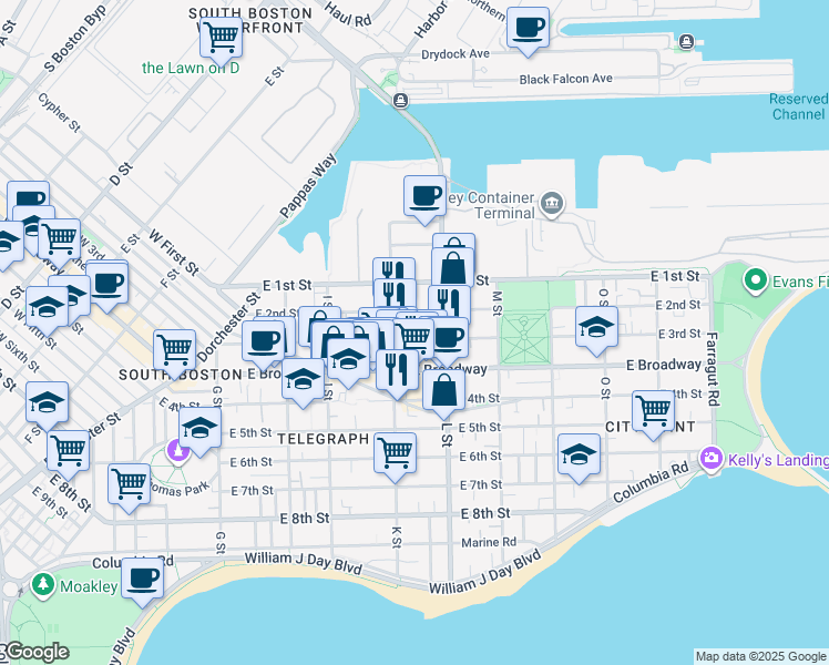 map of restaurants, bars, coffee shops, grocery stores, and more near 3 K Street Place in Boston