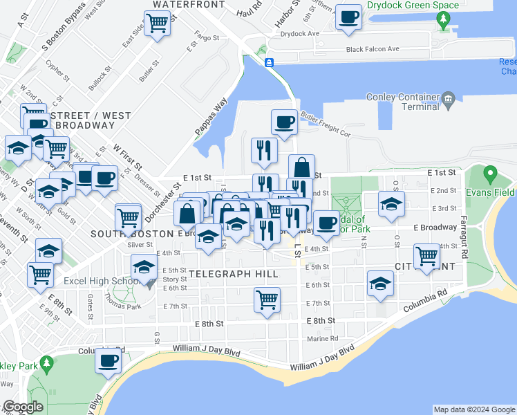 map of restaurants, bars, coffee shops, grocery stores, and more near 646 East Broadway in Boston