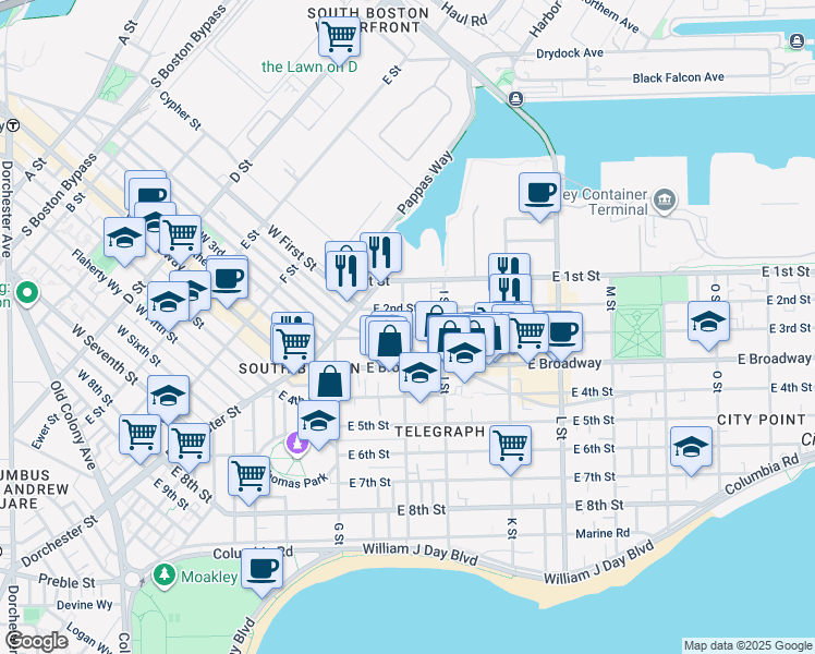 map of restaurants, bars, coffee shops, grocery stores, and more near 60 H Street in Boston