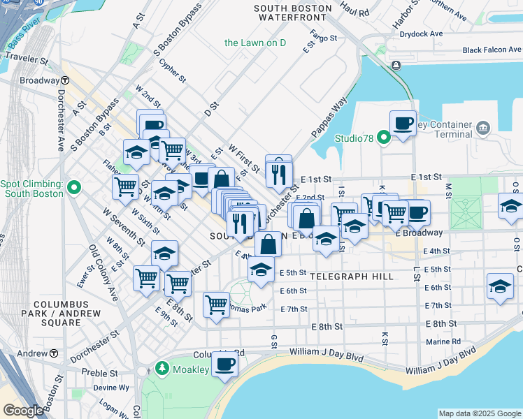 map of restaurants, bars, coffee shops, grocery stores, and more near 9 G Street in Boston