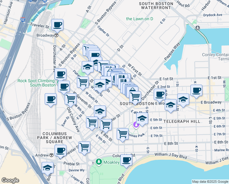 map of restaurants, bars, coffee shops, grocery stores, and more near 104 F Street in Boston