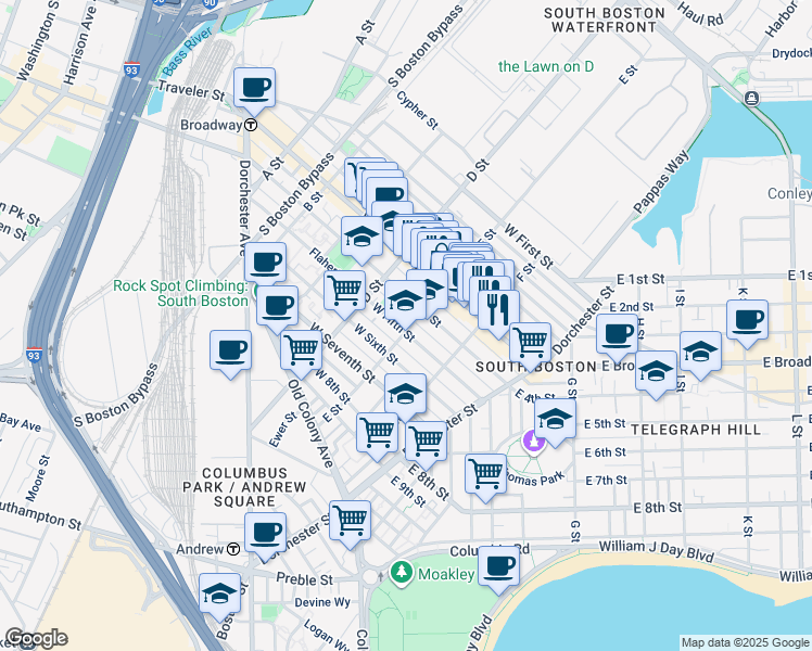 map of restaurants, bars, coffee shops, grocery stores, and more near 223 West Fifth Street in Boston