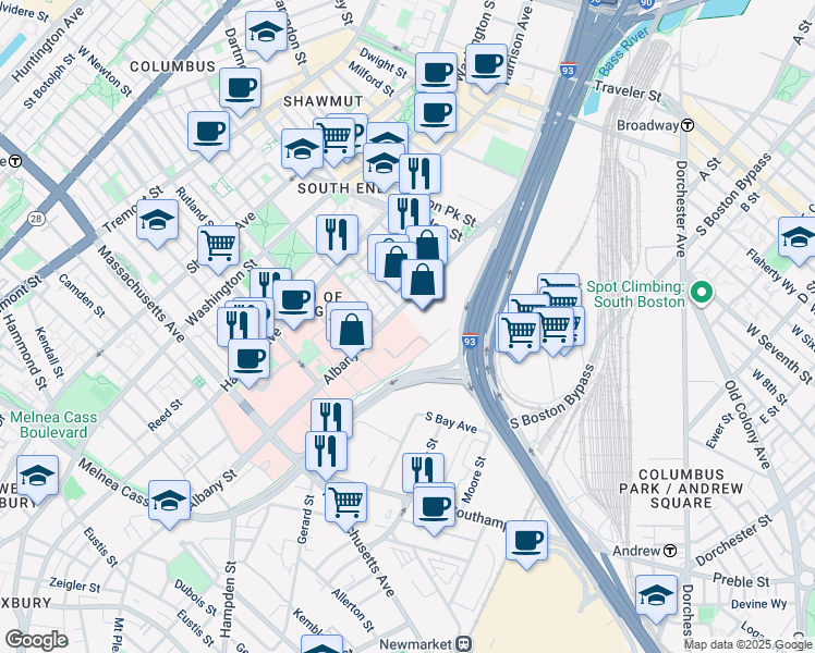 map of restaurants, bars, coffee shops, grocery stores, and more near 610 East Newton Street in Boston