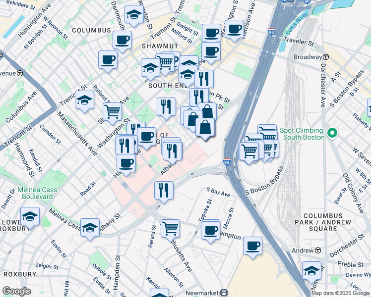 map of restaurants, bars, coffee shops, grocery stores, and more near 610 East Newton Street in Boston