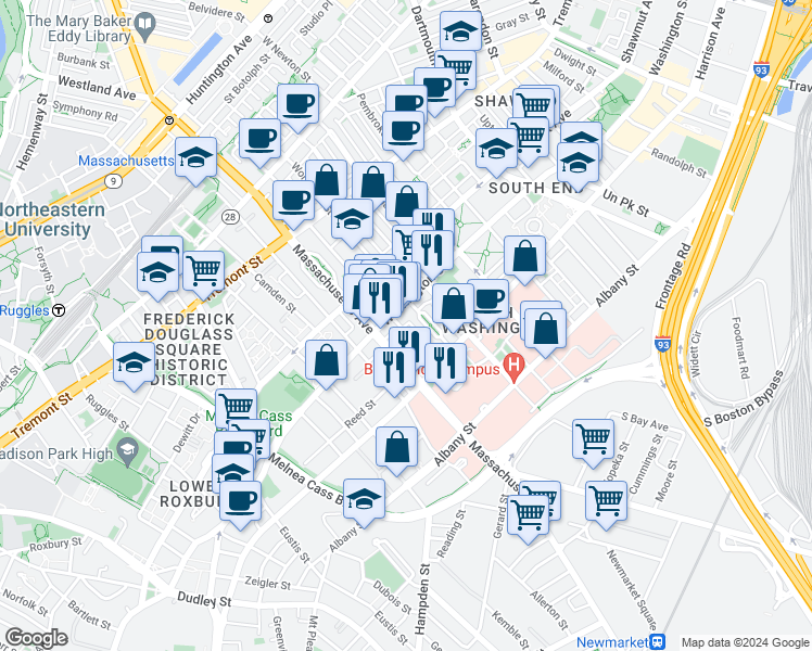 map of restaurants, bars, coffee shops, grocery stores, and more near 668 Massachusetts Avenue in Boston