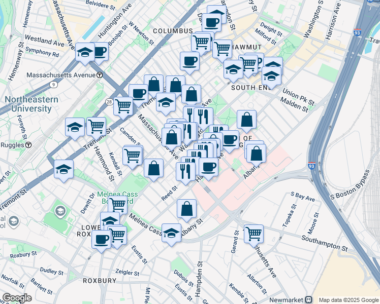 map of restaurants, bars, coffee shops, grocery stores, and more near 668 Massachusetts Avenue in Boston