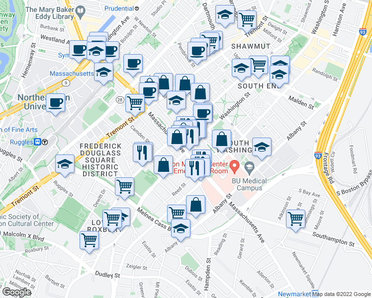 map of restaurants, bars, coffee shops, grocery stores, and more near 1786 Washington Street in Boston