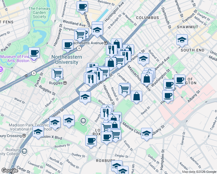 map of restaurants, bars, coffee shops, grocery stores, and more near 10 Sussex Street in Boston