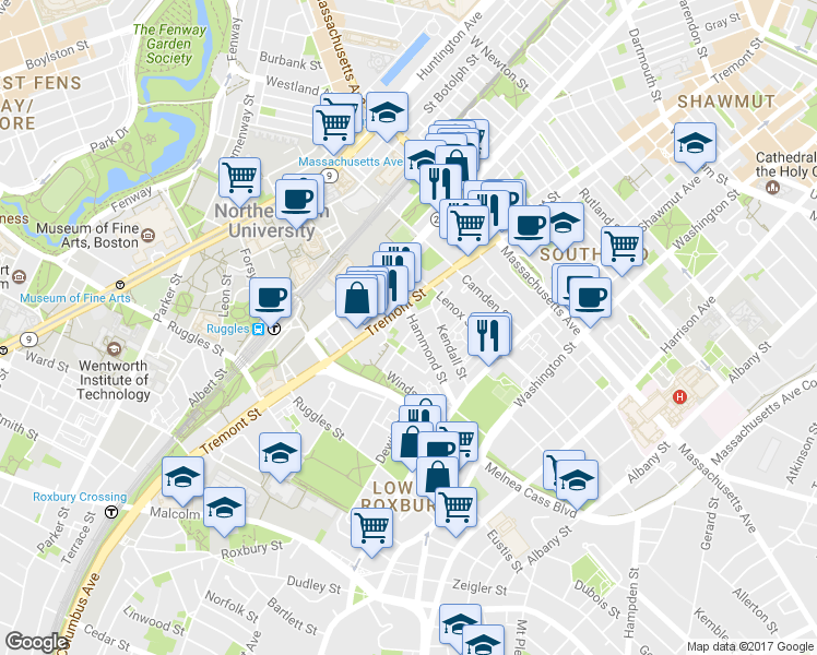 map of restaurants, bars, coffee shops, grocery stores, and more near 10 Sussex Street in Boston