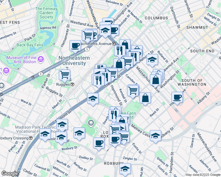 map of restaurants, bars, coffee shops, grocery stores, and more near 10 Sussex Street in Boston