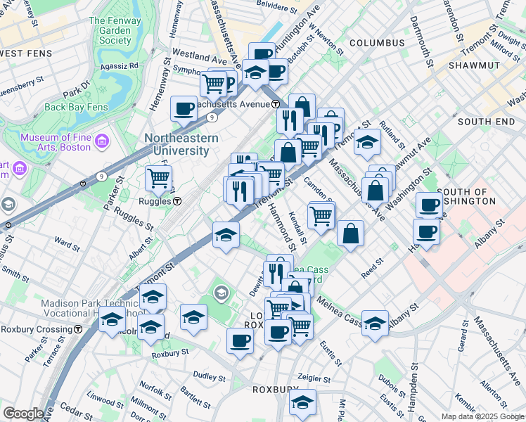 map of restaurants, bars, coffee shops, grocery stores, and more near 10 Sussex Street in Boston