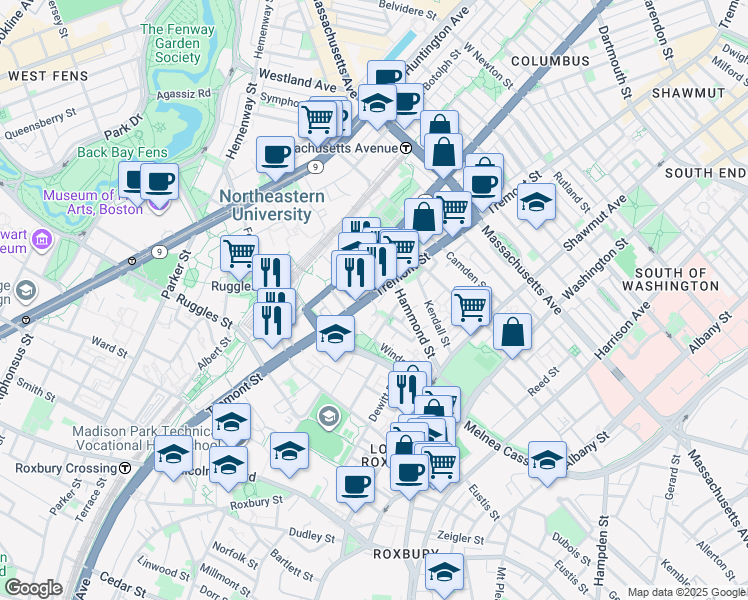 map of restaurants, bars, coffee shops, grocery stores, and more near 49 Warwick Street in Boston
