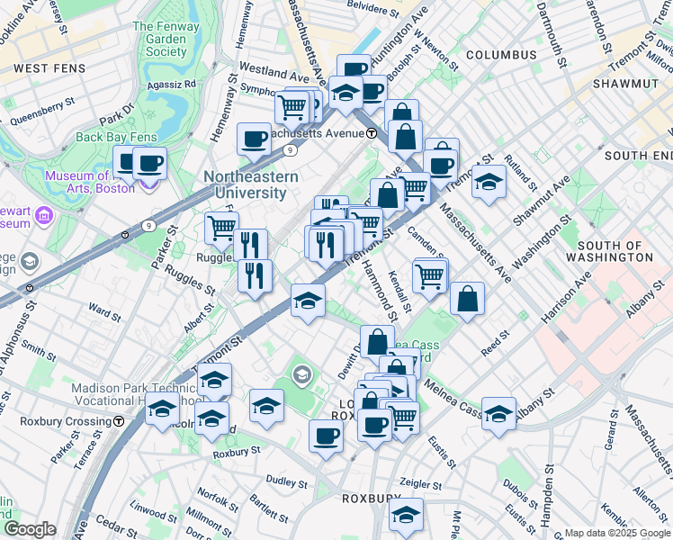 map of restaurants, bars, coffee shops, grocery stores, and more near 1030-1070 Tremont Street in Boston