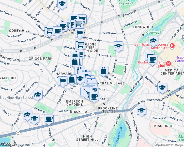 map of restaurants, bars, coffee shops, grocery stores, and more near 14 Homer Street in Brookline