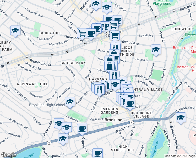 map of restaurants, bars, coffee shops, grocery stores, and more near 54 Harvard Avenue in Brookline